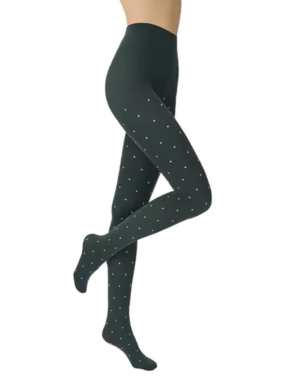 Women's Polka Dot Print Pattern Thick Opaque Knit Green Tights Pantyhose